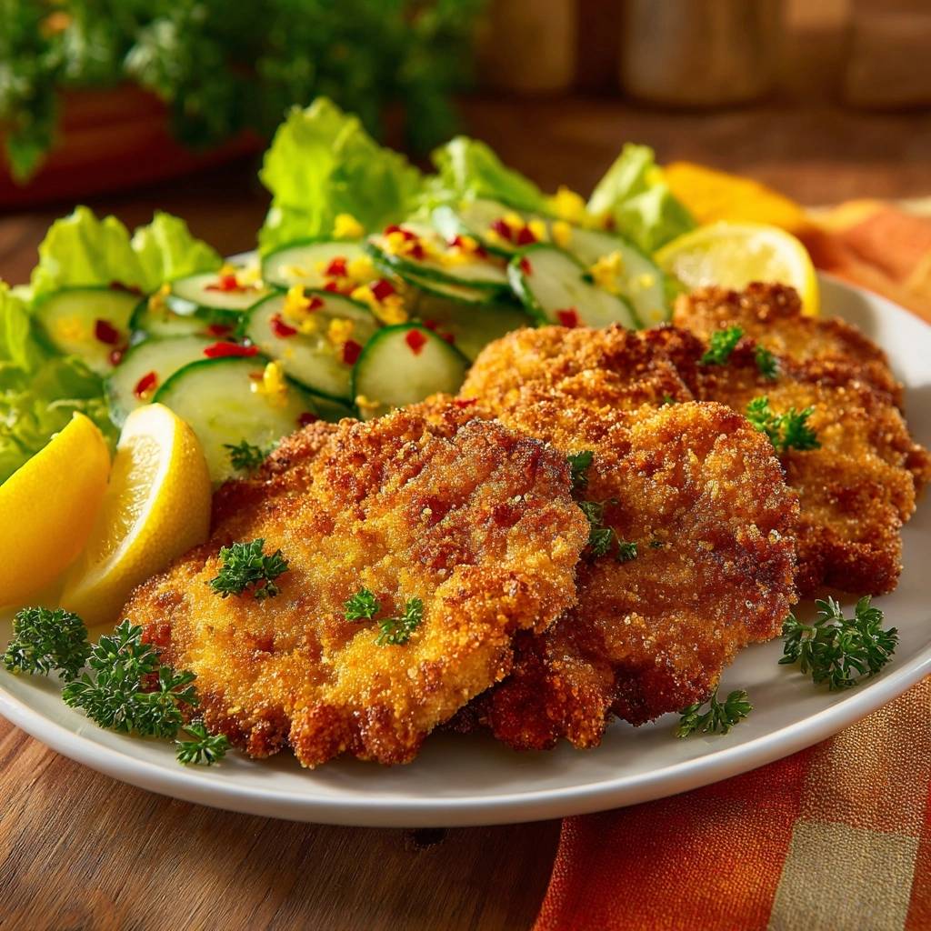 Knuspriges Hähnchenschnitzel mit Gurkensalat auf einem Teller mit Zitronenspalten und Petersilie, nahaufnahme