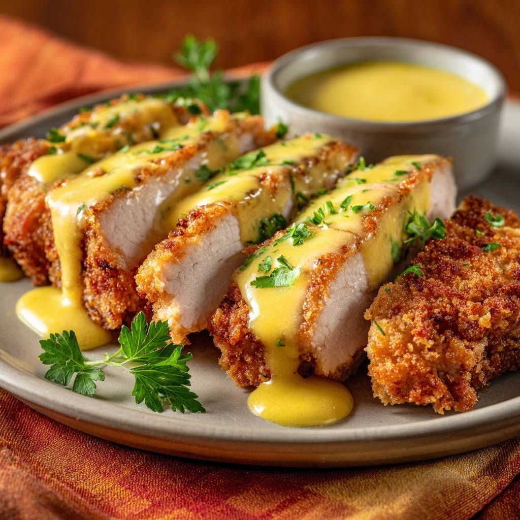 Knuspriges Hähnchenschnitzel mit cremiger Senfsauce, angeschnitten und mit frischer Petersilie garniert, auf einem Teller serviert.