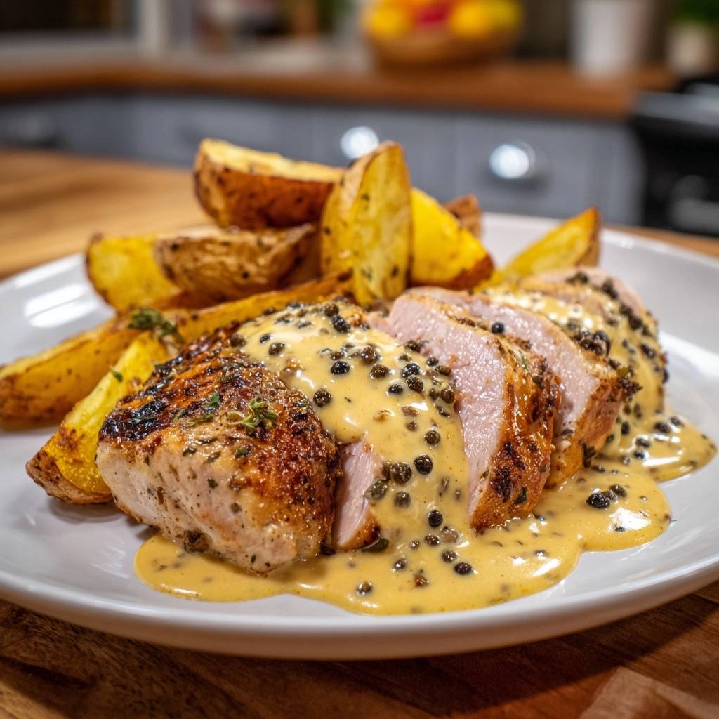 Saftiges Hähnchensteak mit Pfeffersauce und Wedges, angeschnitten auf einem Teller mit cremiger Sauce und grünen Pfefferkörnern