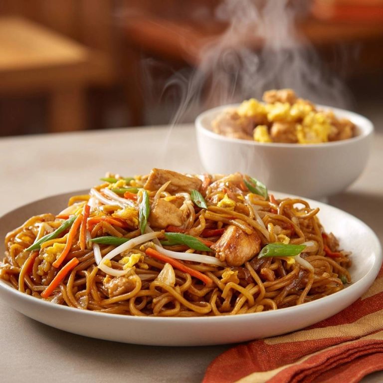 Hähnchen-Chow-Mein mit gedämpften Nudeln und Gemüse, das auf einem Teller dampft, serviert mit einem Schälchen Beilage.