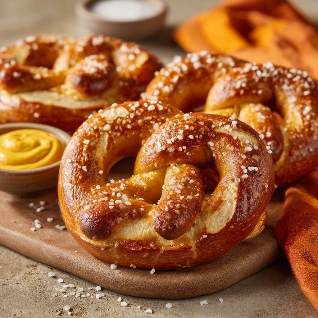 Hausgemachte Laugenbrezeln mit einem Klecks Senf, frisch gebacken und mit grobem Salz bestreut.