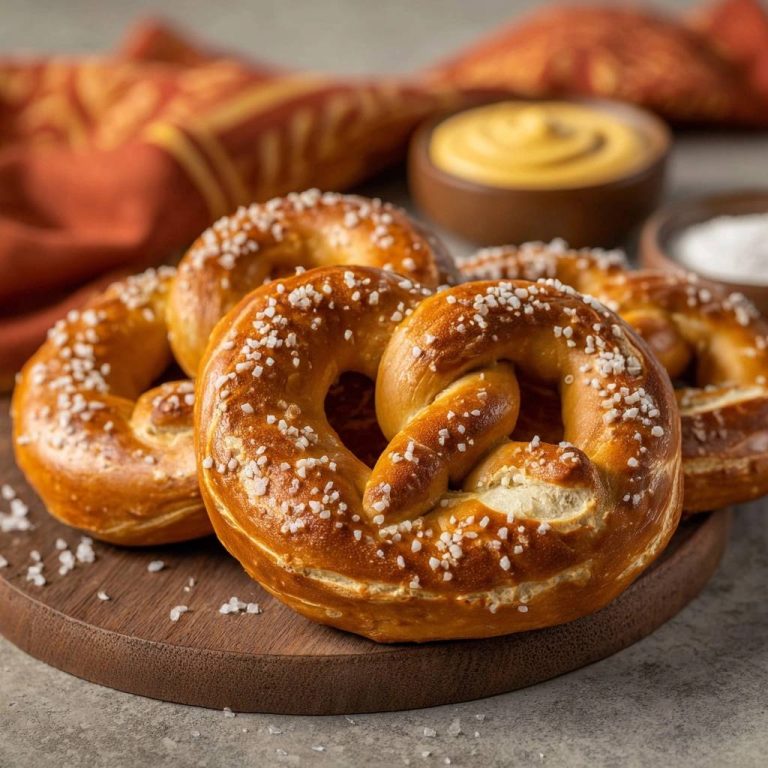 Hausgemachte Laugenbrezeln mit grobem Salz bestreut, nahaufnahme des goldbraunen Teigs und der salzigen Kruste.