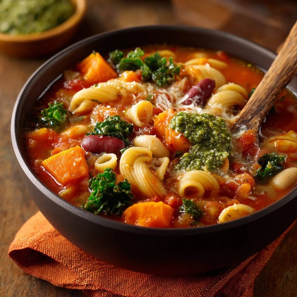 Herzhafte Minestrone mit Pesto: Nahaufnahme einer Schüssel mit Holzlöffel, sichtbaren Nudeln, Gemüse und Pesto-Klecks.