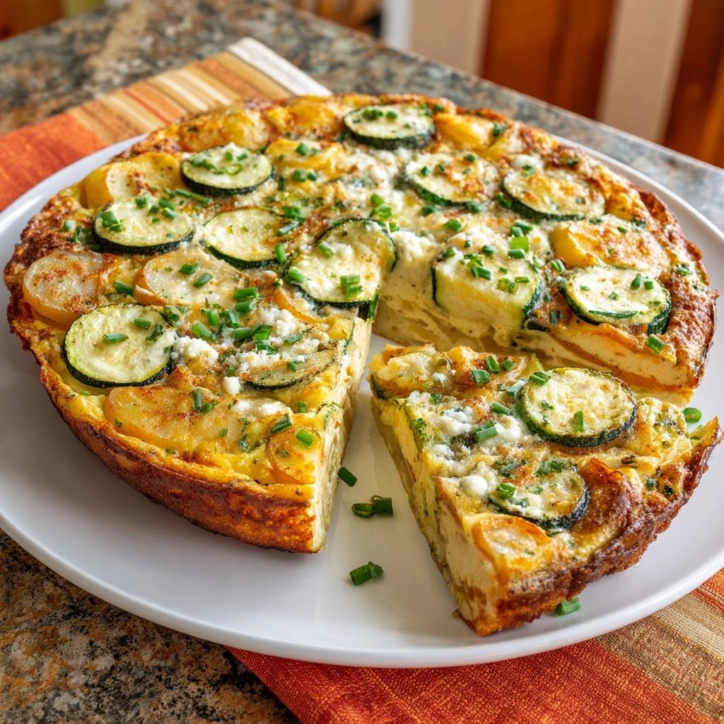 Herzhafte Gemüse-Frittata angeschnitten mit frischen Kräutern und Zucchinischeiben garniert auf einem weißen Teller