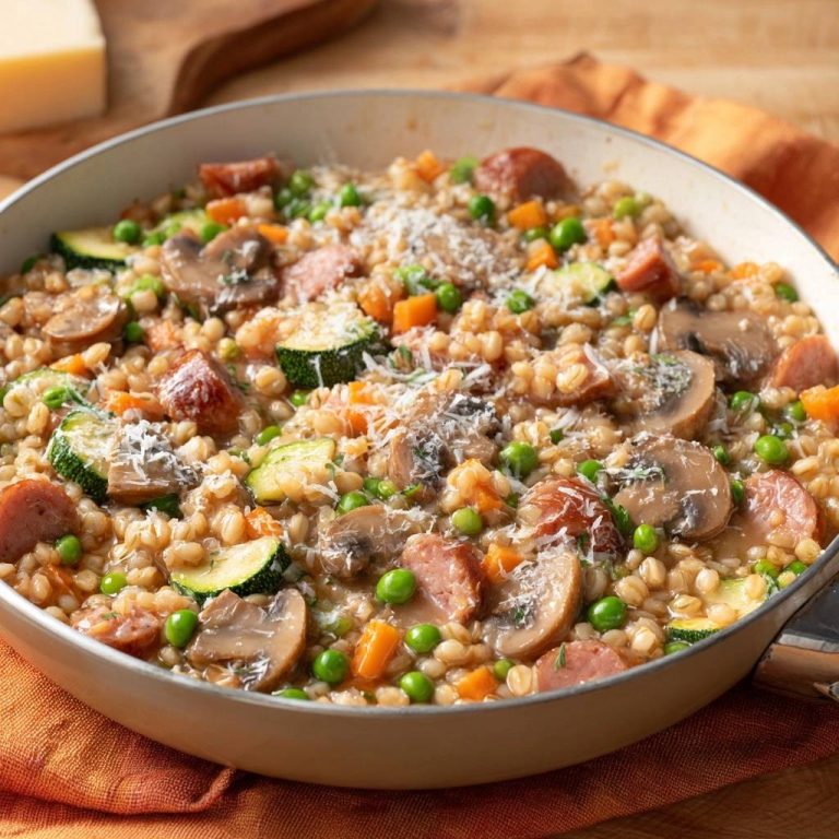 Herzhafte Graupenpfanne mit Wurst und Gemüse, nahaufnahme mit detailreicher Textur der Graupen und Zutaten.