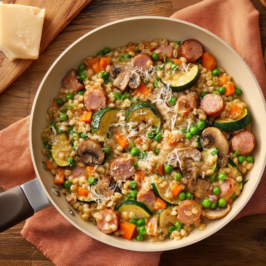 Herzhafte Graupenpfanne mit Wurst und Gemüse in einer Pfanne, Nahaufnahme mit Käse bestreut.