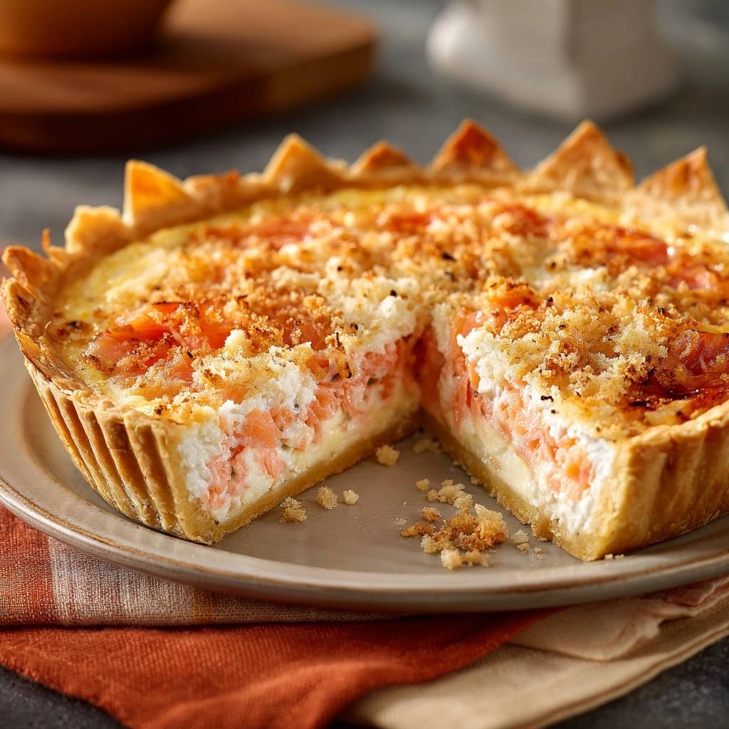 Herzhafte Lachs-Quiche mit Feta, angeschnitten und von der Seite gezeigt, enthüllt die cremige Füllung und den Lachs.
