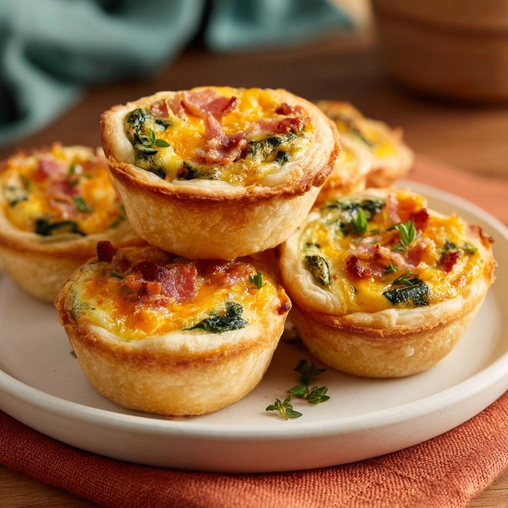 Herzhafte Mini-Quiches mit Speck und Spinat als Stapel auf einem Teller mit frischen Kräutern garniert