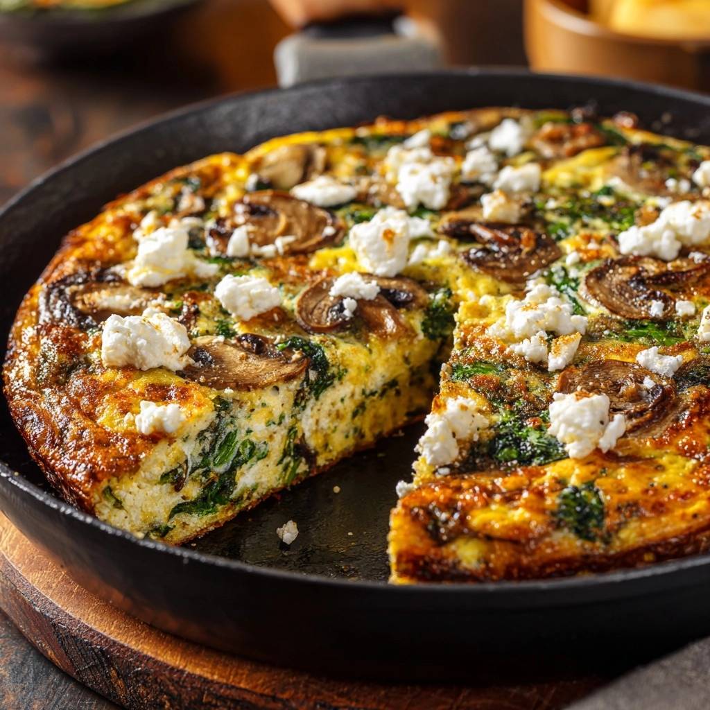 Herzhafte Pilz-Spinat-Frittata angeschnitten mit Pilzen, Spinat und Ziegenkäse in einer Pfanne