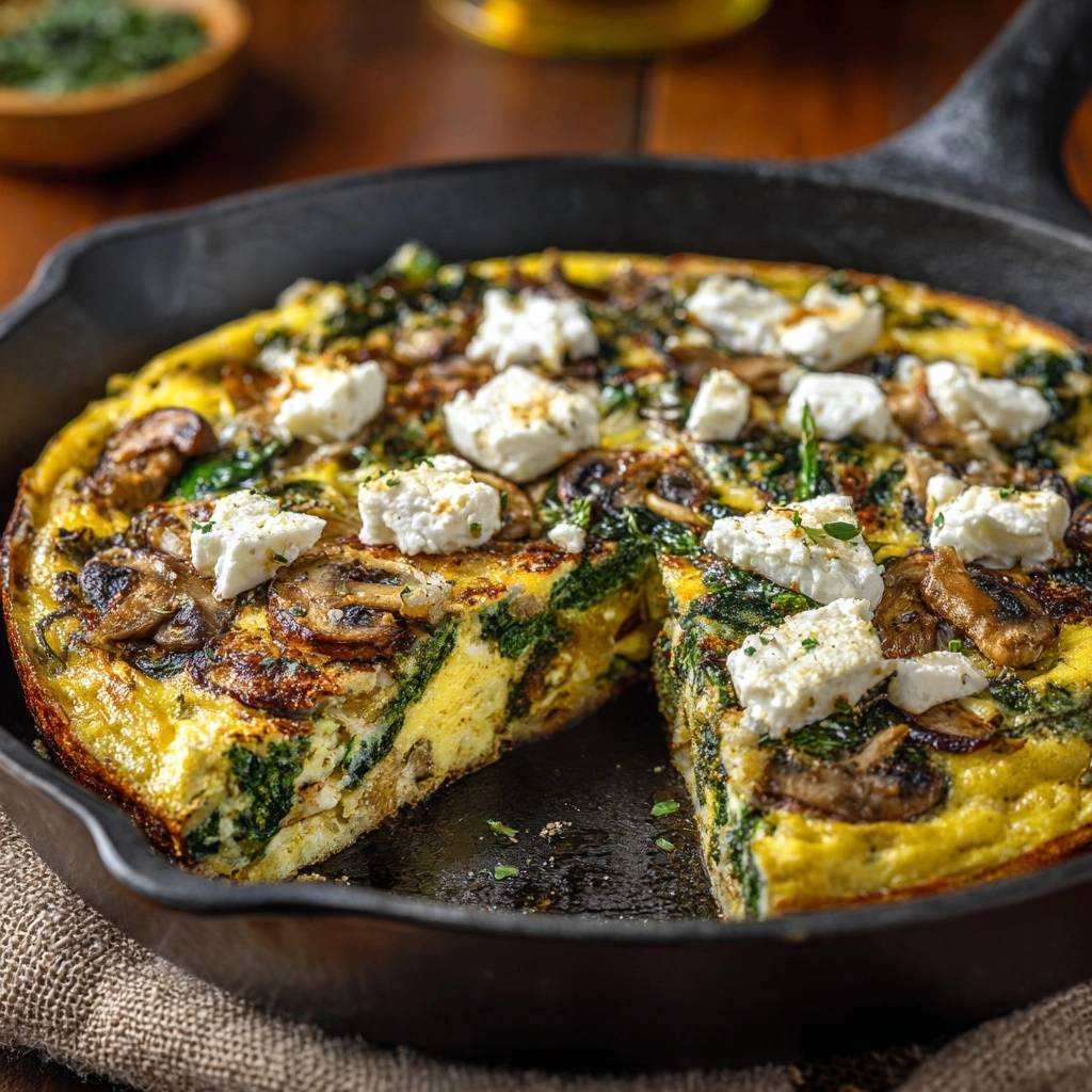 Herzhafte Pilz-Spinat-Frittata angeschnitten im gusseisernen Pfannenschmidt mit zerbröckeltem Ziegenkäse garniert