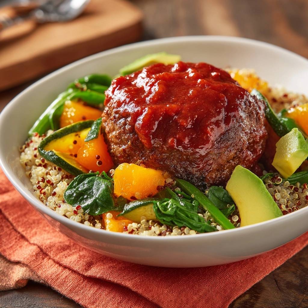 Herzhafte Quinoa-Bowl mit glasiertem Rindersteak, Nahaufnahme des saftigen Rindersteaks mit roter Glasur und Gemüse auf Quinoa.