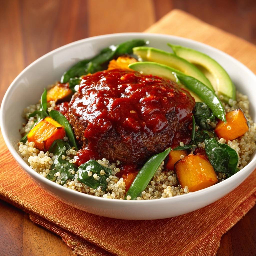 Herzhafte Quinoa-Bowl mit glasiertem Rindersteak, serviert mit Avocado und Gemüse in einer weißen Schüssel