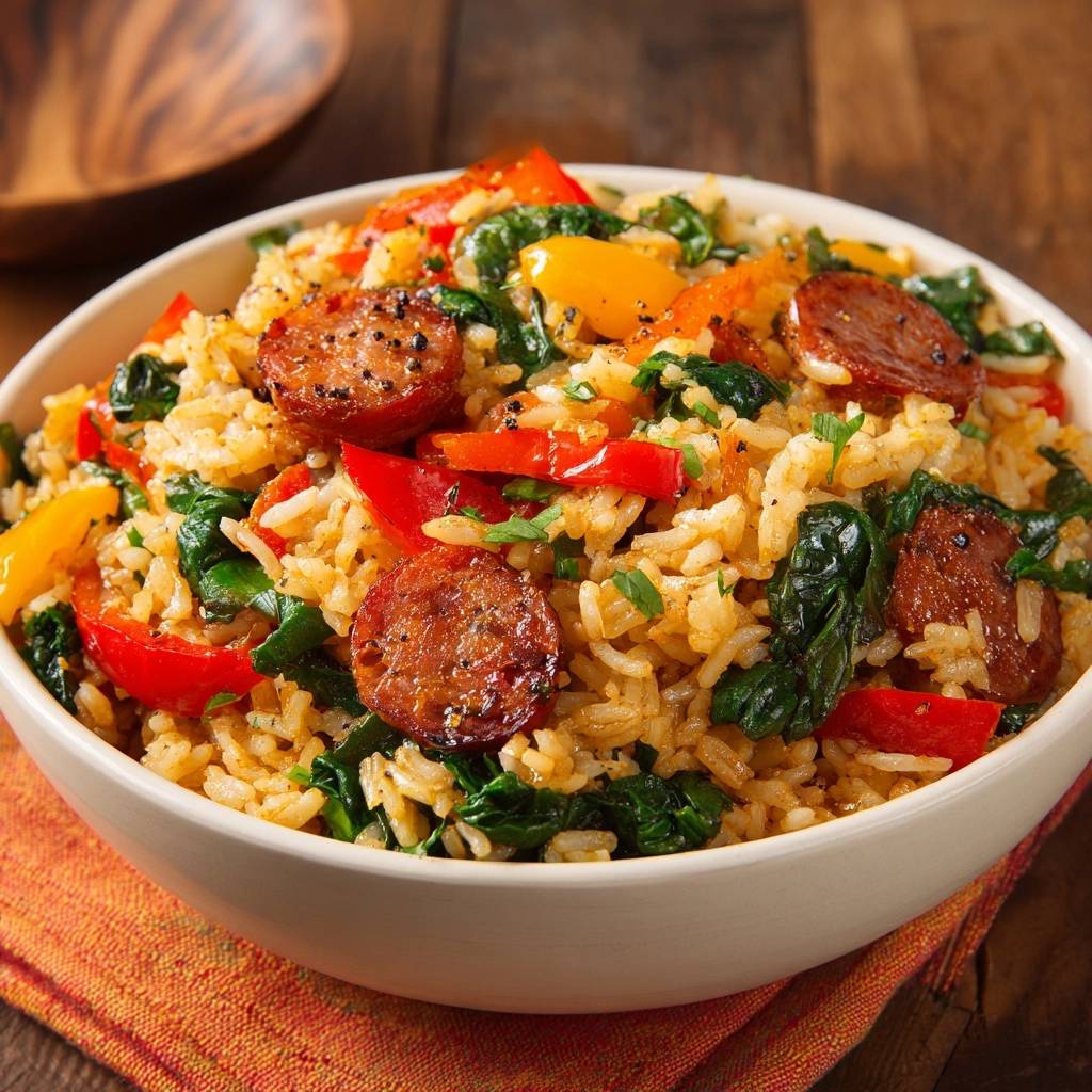 Herzhafte Reis-Pfanne mit Rinder-Salami und Paprika, serviert in einem weißen Napf mit einem orangen Tuch.