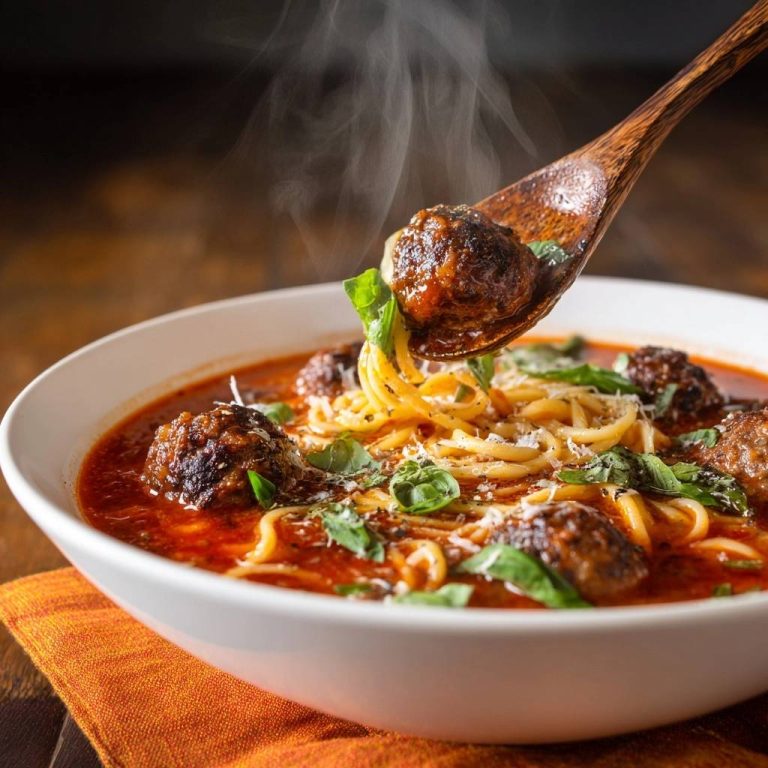 Herzhafte Spaghetti-Fleischbällchen-Suppe, mit einem Löffel voller dampfender Nudeln und Fleischbällchen, garniert mit Basilikum