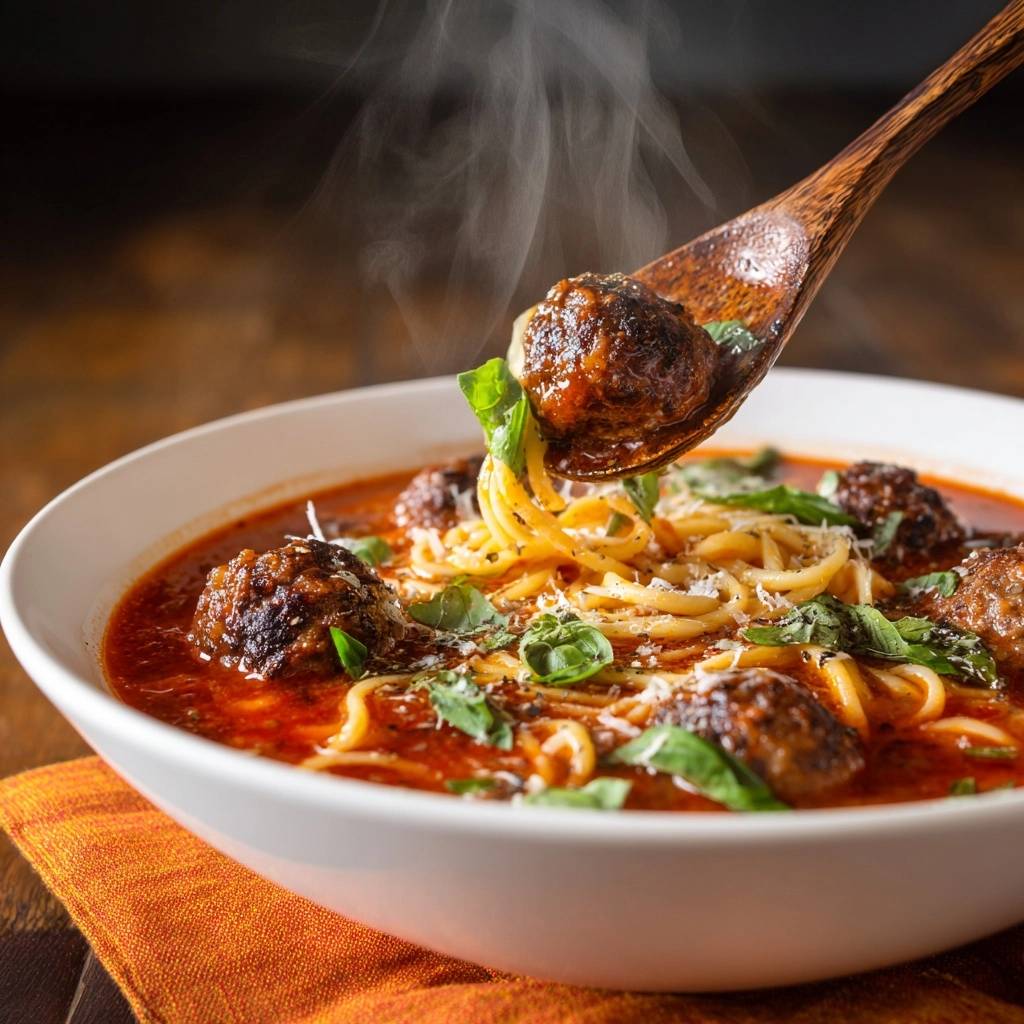 Herzhafte Spaghetti-Fleischbällchen-Suppe, mit einem Löffel voller dampfender Nudeln und Fleischbällchen, garniert mit Basilikum