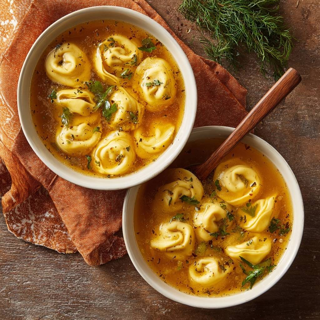 Herzhafte Tortellini in Goldbrühe serviert in zwei weißen Schüsseln mit einem Holzlöffel und garniert mit Kräutern.