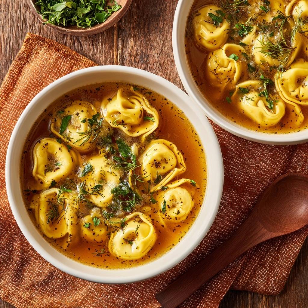 Herzhafte Tortellini in Goldbrühe in einer Schüssel, nahaufnahme mit frischen Kräutern garniert