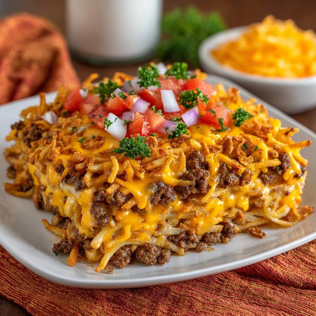 Herzhafter Kartoffel-Hack-Auflauf im Anschnitt mit geschmolzenem Käse, Hackfleisch und knusprigen Kartoffelstreifen, garniert mit Tomaten und Zwiebeln.