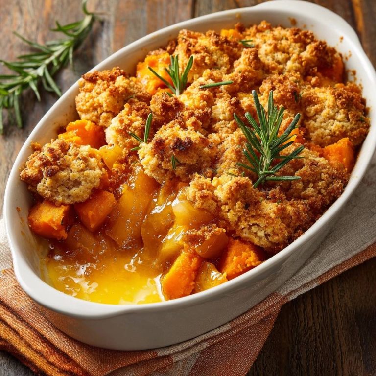 Herzhafter Süßkartoffel-Crumble mit knuspriger Kruste und frischem Rosmarin, detailnah im Ofenblech.