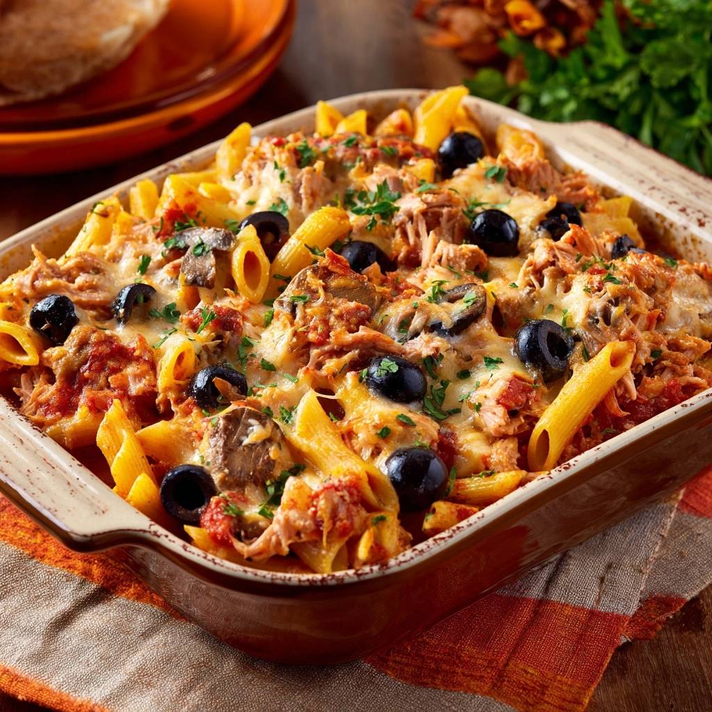 Herzhafter Thunfisch-Pasta-Auflauf in einer braunen Auflaufform mit geschmolzenem Käse und Oliven, Nahaufnahme