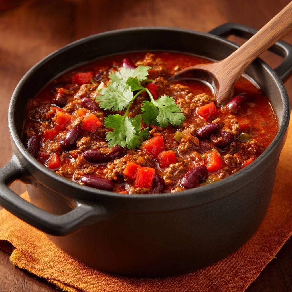 Herzhaftes Chili con Carne in einem schwarzen Topf, garniert mit frischem Koriander und mit einem Holzlöffel im Chili.