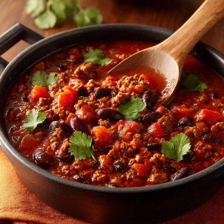 Herzhaftes Chili con Carne mit einem Holzloeffel darin, garniert mit frischem Koriander und serviert in einem schwarzen Topf.