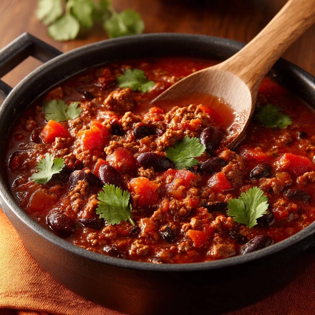 Herzhaftes Chili con Carne mit einem Holzloeffel darin, garniert mit frischem Koriander und serviert in einem schwarzen Topf.