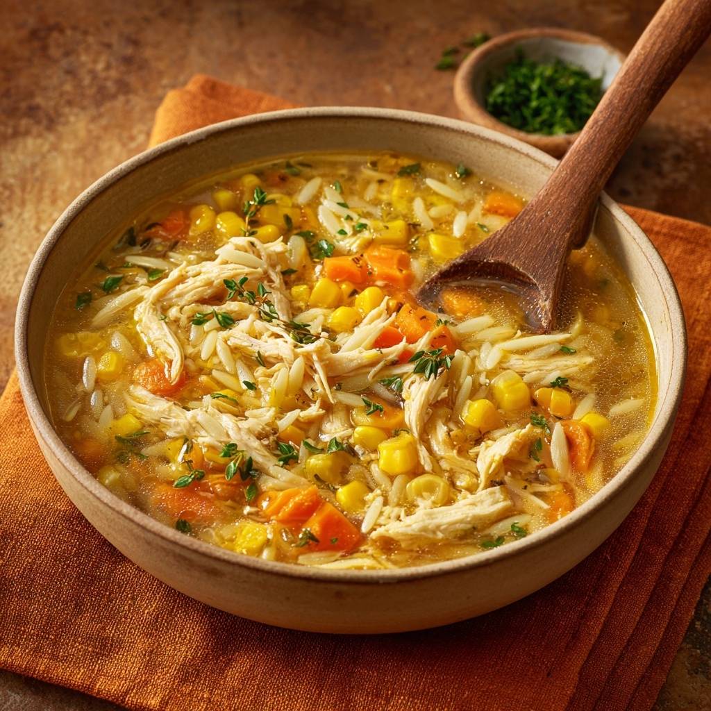 Herzhafte Hähnchen-Orzo-Suppe mit Mais und Karotten, mit einem Holzlöffel in einer Schüssel serviert, aus der Nähe betrachtet.