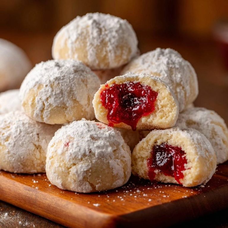 Himbeer-Konfitürenkekse angeschnitten, die saftige rote Marmeladenfüllung ist gut sichtbar.