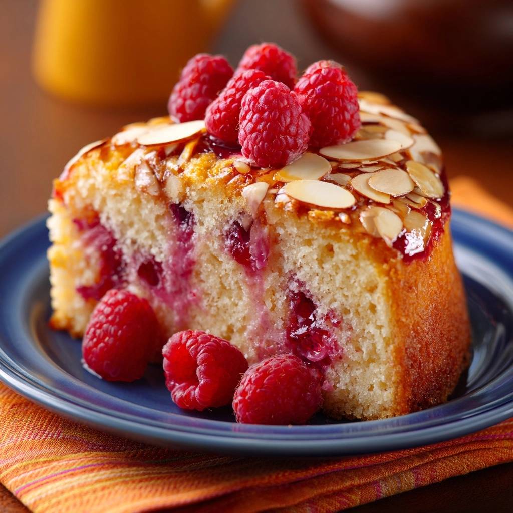 Himbeer-Mandel-Kuchen angeschnitten auf einem blauen Teller mit frischen Himbeeren und Mandelblättchen garniert.