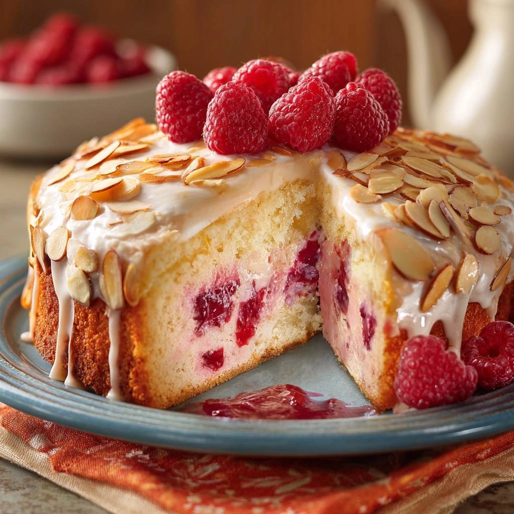 Himbeer-Mandel-Kuchen angeschnitten mit frischen Himbeeren und Mandelsplittern auf einem blauen Teller.