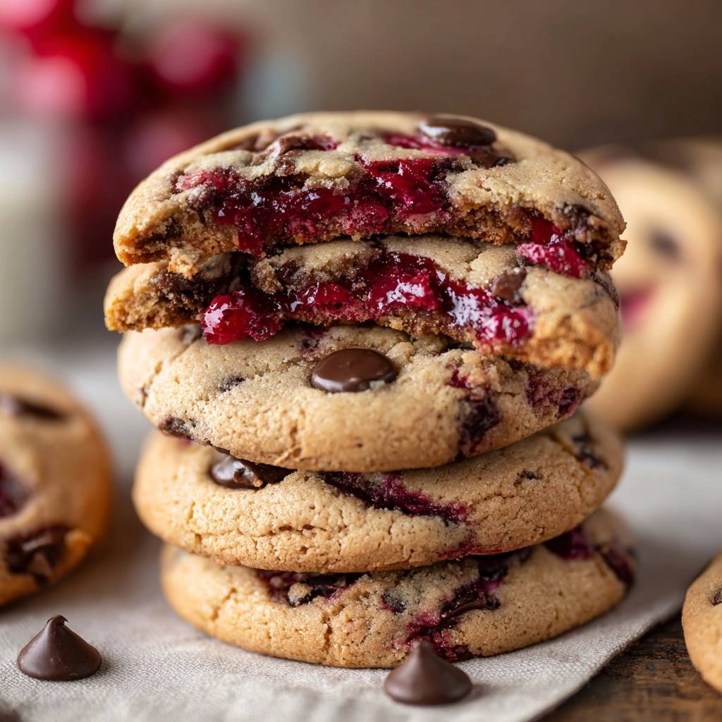 Himbeer-Schoko-Cookies angeschnitten gestapelt, mit sichtbarer fruchtiger Füllung und Schokoladenstückchen.