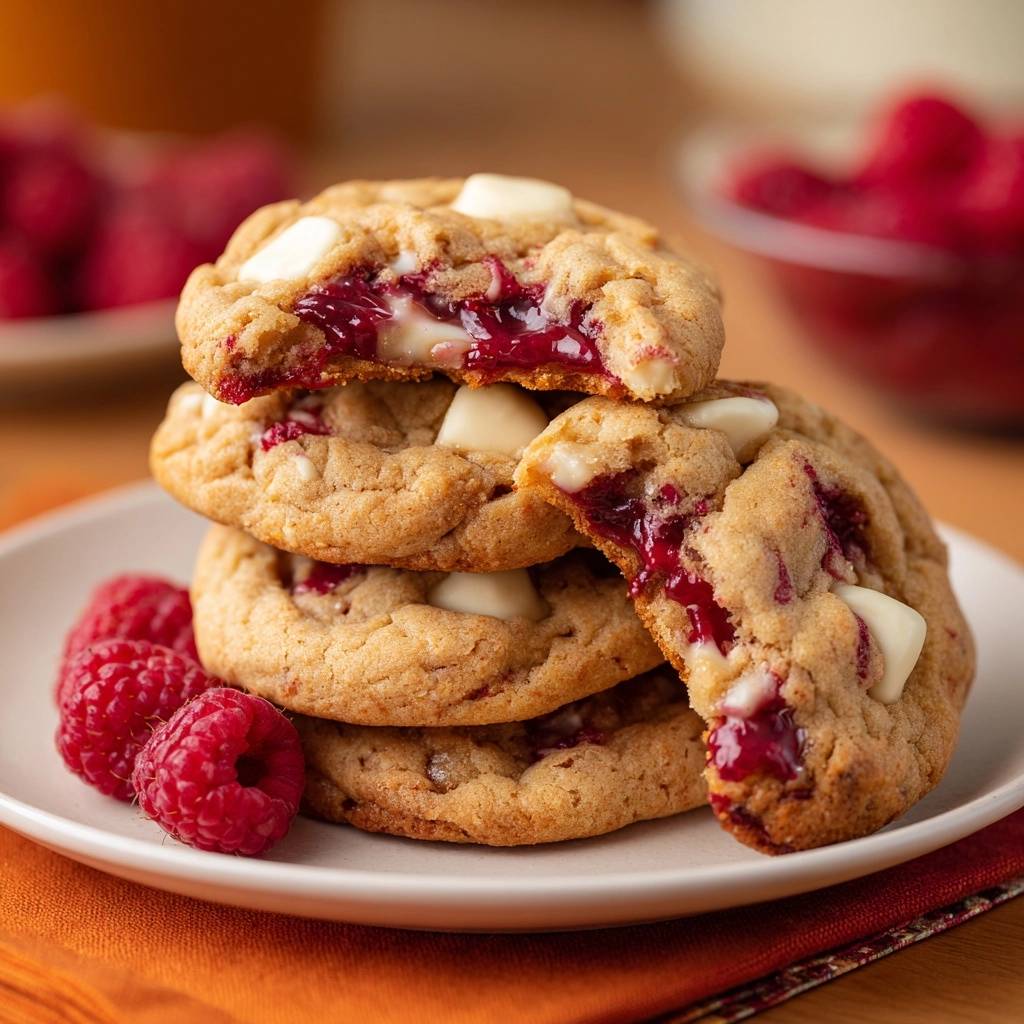 Himbeer-Weiße-Schokoladen-Cookies angeschnitten, die den saftigen Kern und die geschmolzene weiße Schokolade zeigen.