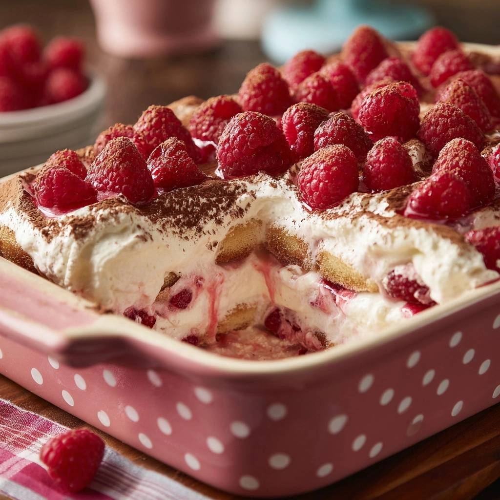 Himbeer-Tiramisu im Anschnitt, das die cremige Schicht und frische Himbeeren im Inneren zeigt.