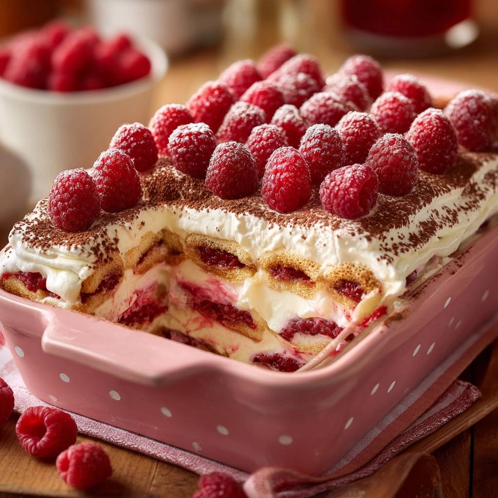 Himbeer-Tiramisu im Pinken Format mit einem sichtbaren Querschnitt, der die Schichten aus Löffelbiskuits, Creme und Himbeeren zeigt.