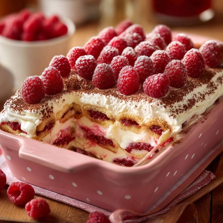 Himbeer-Tiramisu im Anschnitt in einer pinken Auflaufform, geschichtet mit Löffelbiskuits und frischen Himbeeren.