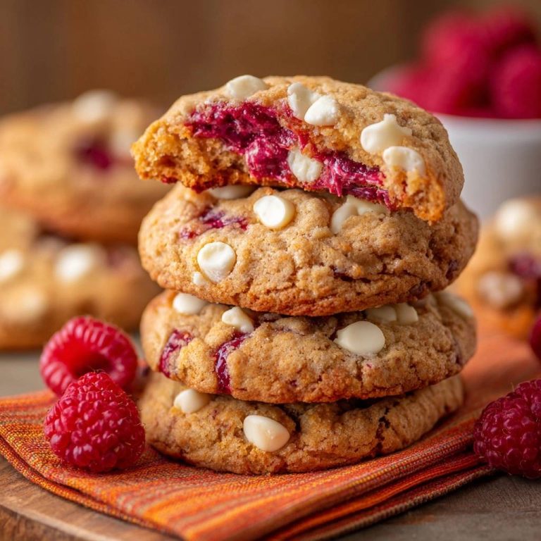 Himbeer-Weiße-Schokolade-Cookies, angeschnitten gestapelt, zeigen saftige Himbeeren und weiße Schokoladenstückchen im Inneren.