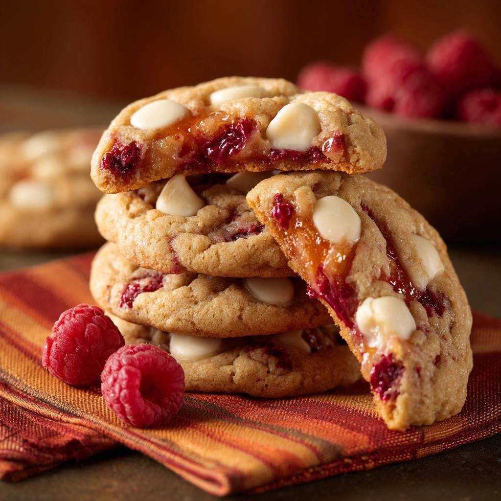 Himbeer-Weiße-Schokolade-Cookies angeschnitten mit einem Blick auf die saftige Himbeerfüllung und weiße Schokoladenstückchen.