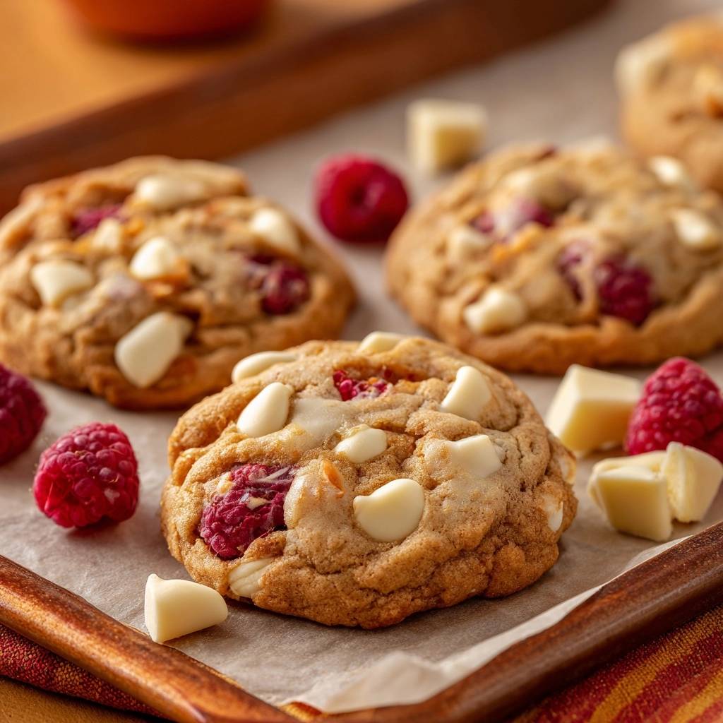 Himbeer-Weiße-Schokolade-Cookies als Nahaufnahme mit ganzen Himbeeren und weißen Schokoladenstücken, frisch gebacken.
