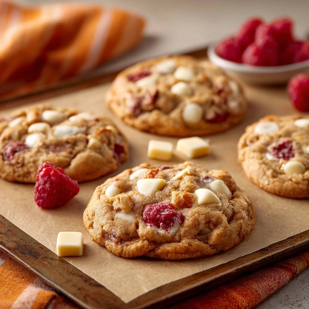 Himbeer-Weiße-Schokolade-Cookies mit weißen Schokoladendrops und Himbeeren, nahaufnahme auf Backpapier