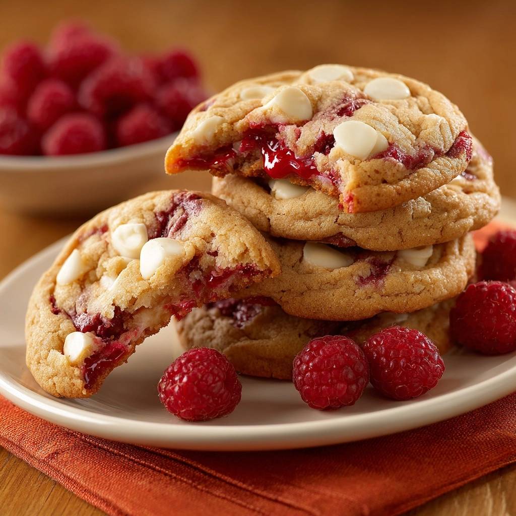 Himbeer-Weiße-Schokoladen-Cookies angeschnitten, die zeigen, wie die leuchtend rote Himbeerfüllung und weiße Schokoladenstückchen im Teig verteilt sind.