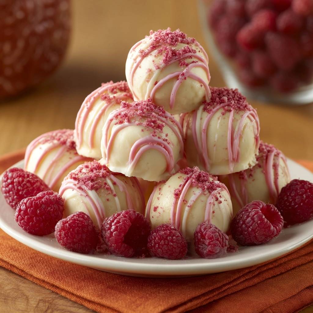 Himbeer-Weißschokoladen-Trüffel, kunstvoll garniert mit zerbröselten Himbeeren und rosa Zuckerguss auf einem Teller.