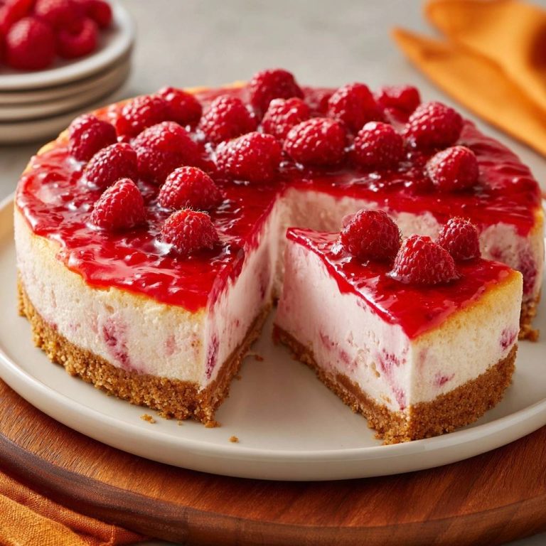 Himbeerkäsekuchen angeschnitten mit frischen Himbeeren und roter Glasur, ideal für das Rezept ohne Risse.