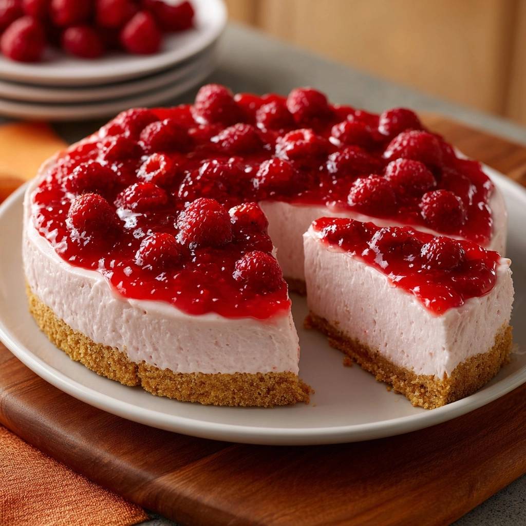 Himbeerkäsekuchen angeschnitten serviert mit frischen Himbeeren und fruchtiger Soße auf einem Keksboden.