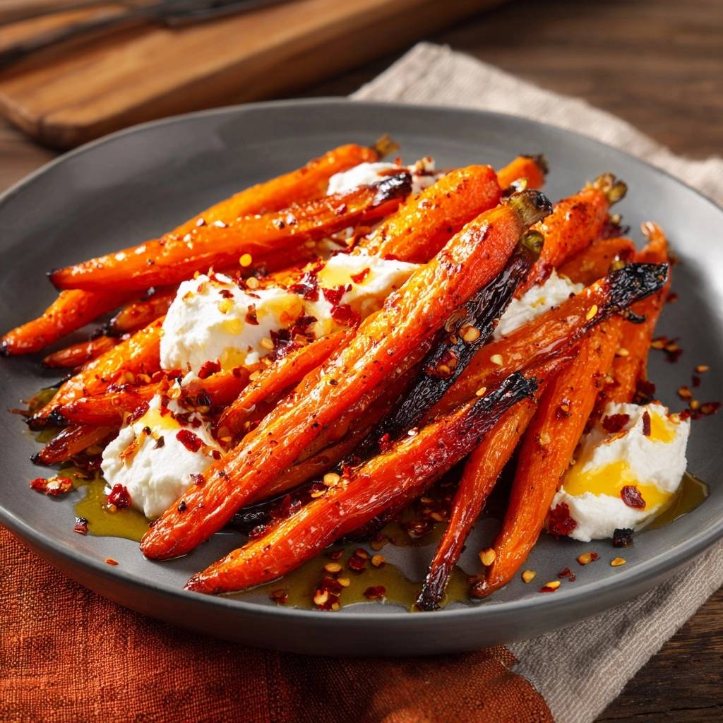 Knusprige Honig-Chili-Möhren mit Feta, serviert auf einem grauen Teller mit einer Nahaufnahme der würzigen Garnitur.