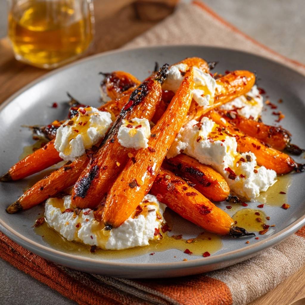 Knusprige Honig-Chili-Möhren mit Feta, hier im Detail auf einem Teller mit cremigem Käse und glänzender Glasur.