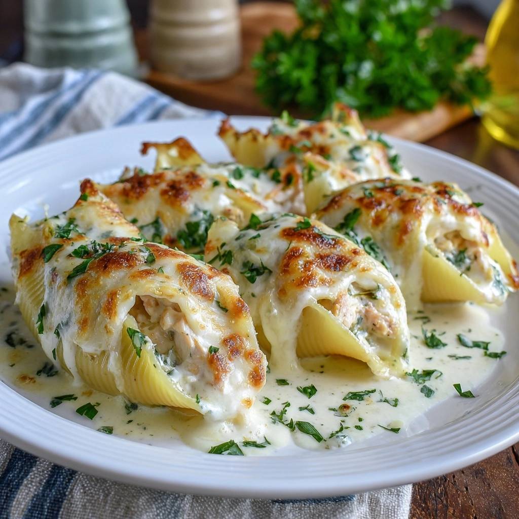 Cremige Hühner-Bacon-Muschelnudeln, nahaufnahme der gefüllten Nudeln mit geschmolzenem Käse und Petersilie.