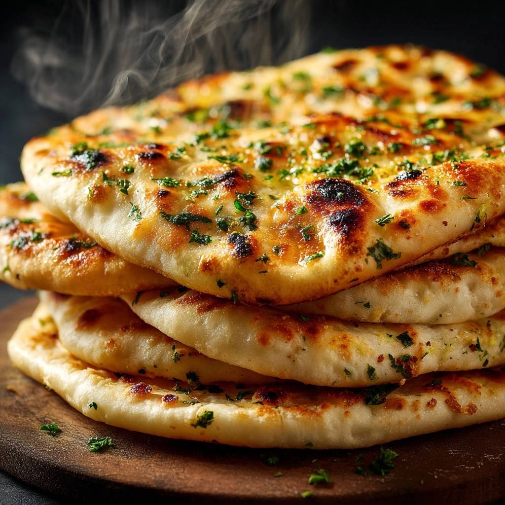 Knuspriges Käse-Naan frisch gebacken mit Kräutern und sichtbarem Dampf, im Nahaufnahme gestapelt