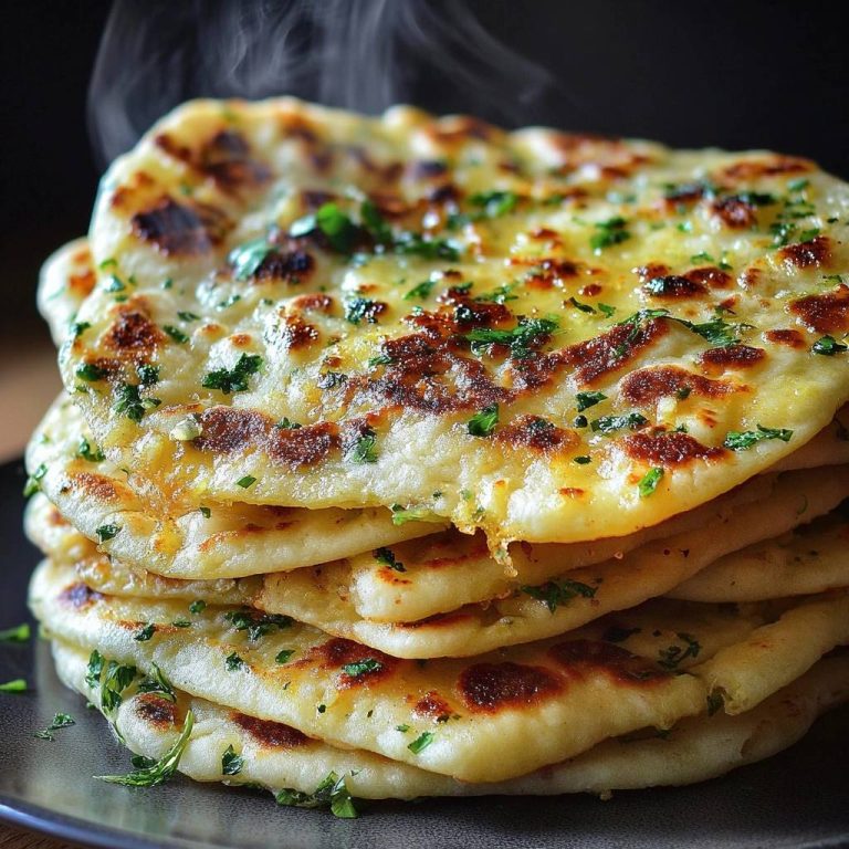Knuspriges Käse-Naan, gestapelt auf einem Teller und mit frischen Kräutern garniert, mit sichtbarem Dampf.