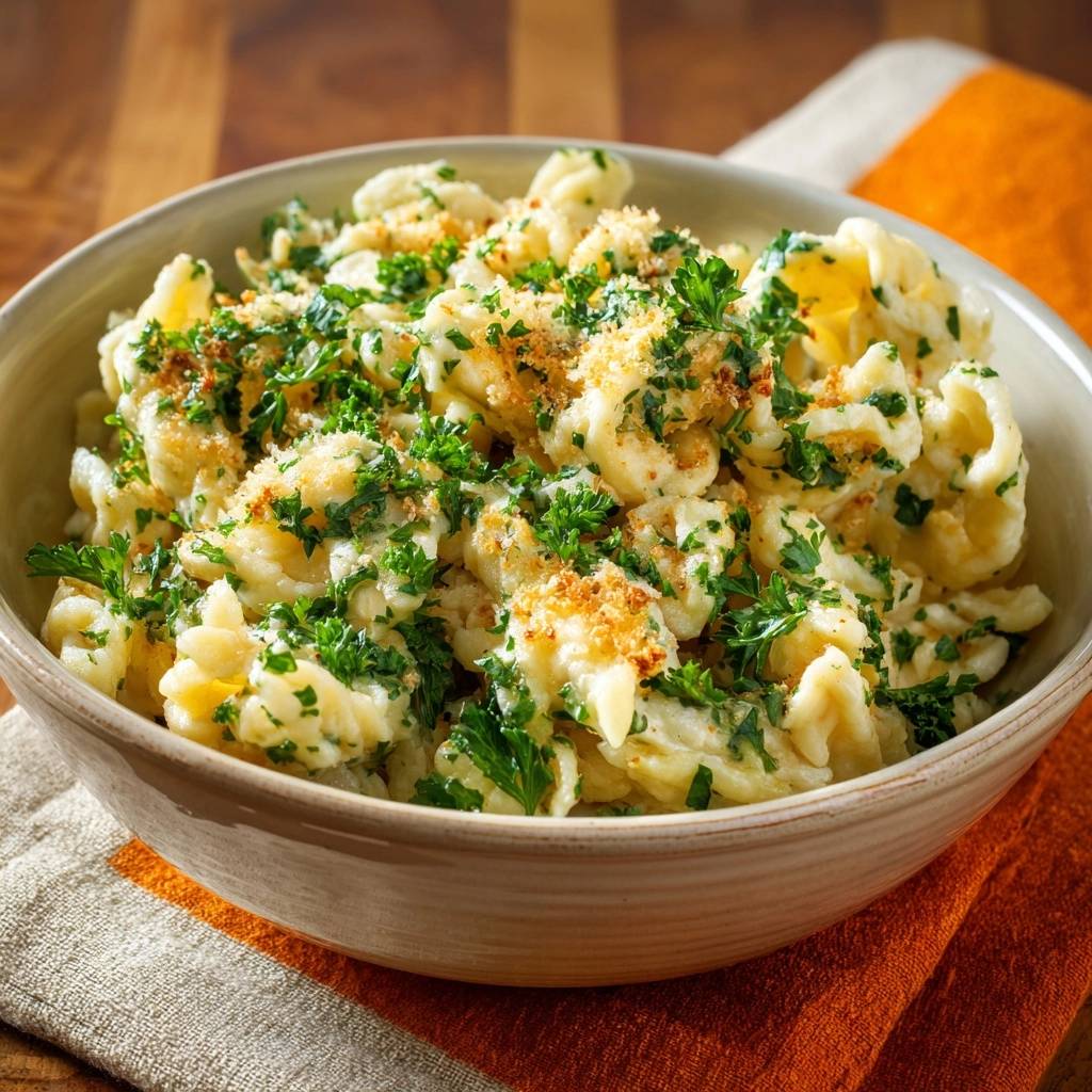 Käsespätzle mit knusprigen Petersilienkrümeln, serviert in einer Schüssel mit frischer Petersilie und gerösteten Brotkrümeln garniert.